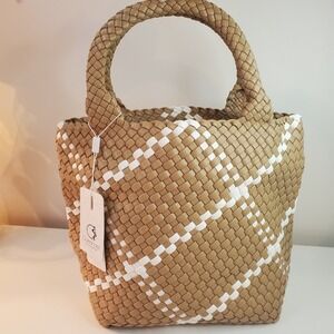 Queenoris Woven Leather Tote Bag Tan White Checkered Handbag with Clutch NWT